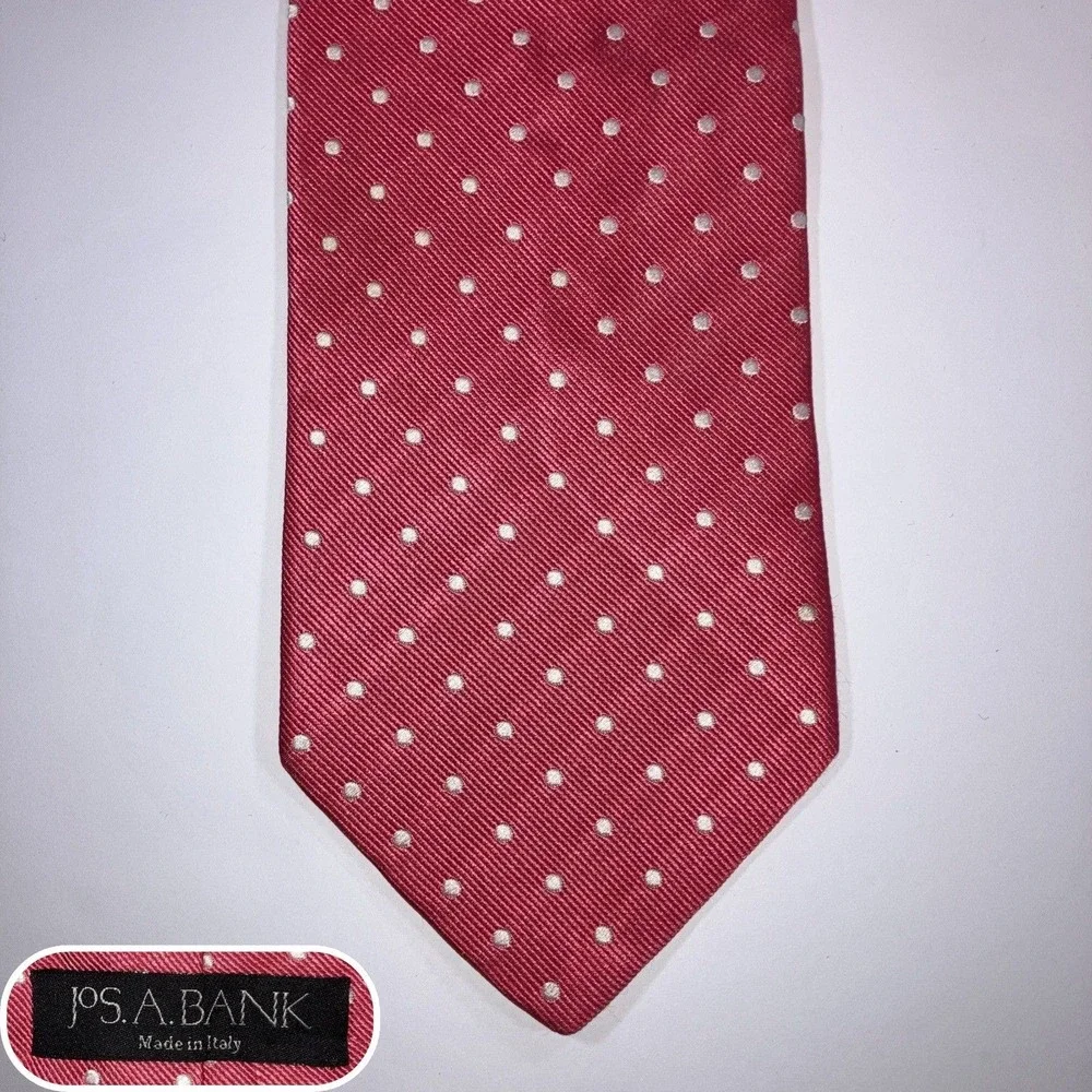 Jos A‎ Bank Silk Repp Tie Pink White Polka Dot Classic Made in Italy 60.5x3.75
